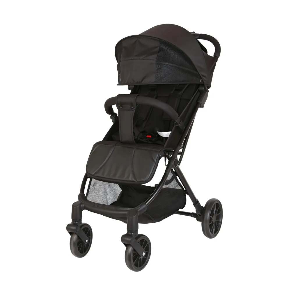 Babylovi ST514 Wholesale Portable Stroller in black, featuring a single pull rod for easy towing and a brown leather handle.