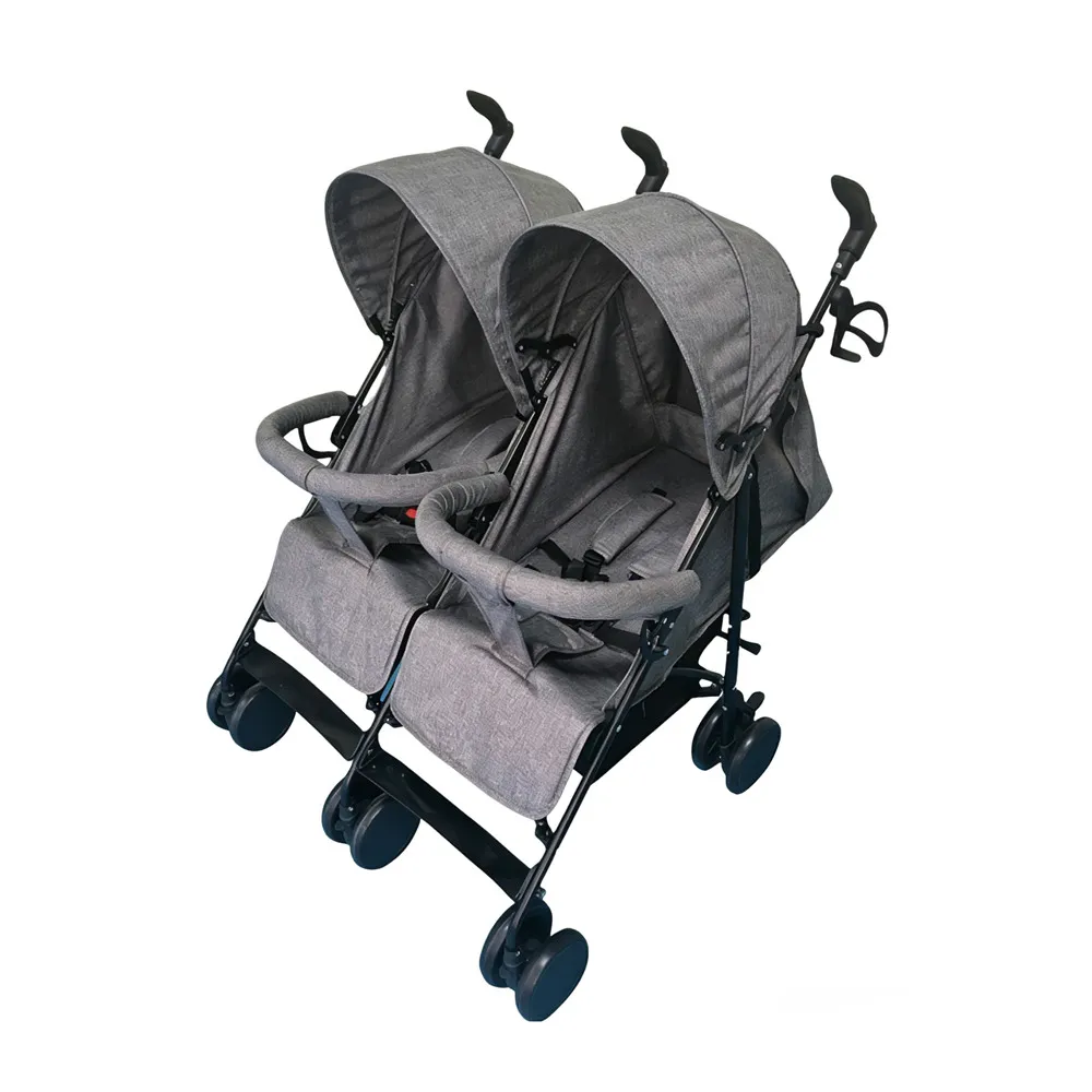 Babylovi ST901 Wholesale Double Stroller in grey, featuring twin seats, iron frame, and 12 stable EVA wheels.