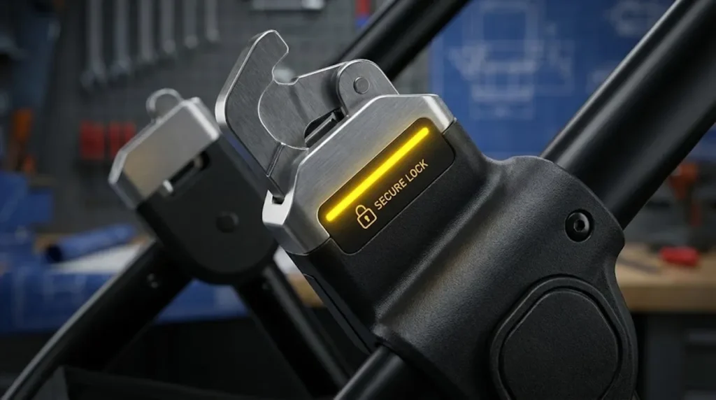 Close-up of the secure lock indicator on a zero-wobble universal adapter, designed for safe stroller and car seat bundle wholesale connectivity.