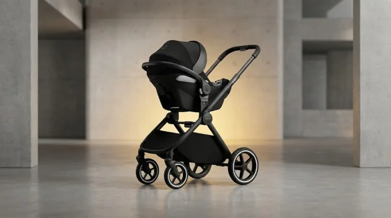 A premium black ST306 Pro stroller and car seat bundle wholesale set displayed in a minimalist showroom, featuring the i-Size infant carrier attached.