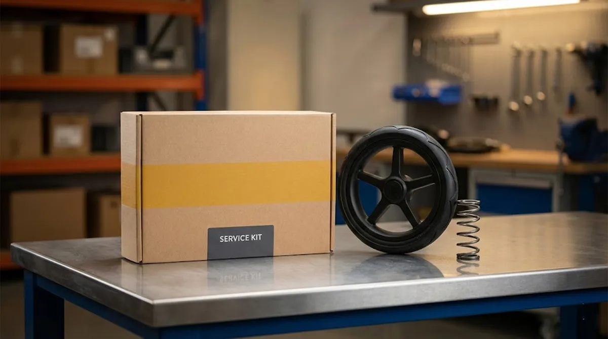 Babylovi wholesale stroller spare parts kit packaging box on a workshop table, displayed with sample EVA wheel and spring for B2B warranty inventory.