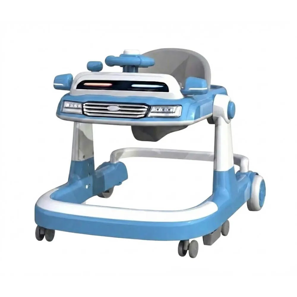 Wholesale 2-in-1 Baby Walker BW754 in blue featuring an engaging car-themed music tray and sturdy frame.