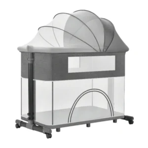 Babylovi BD402 Pro wholesale 2-in-1 bedside sleeper in grey featuring playpen mode and mosquito net.