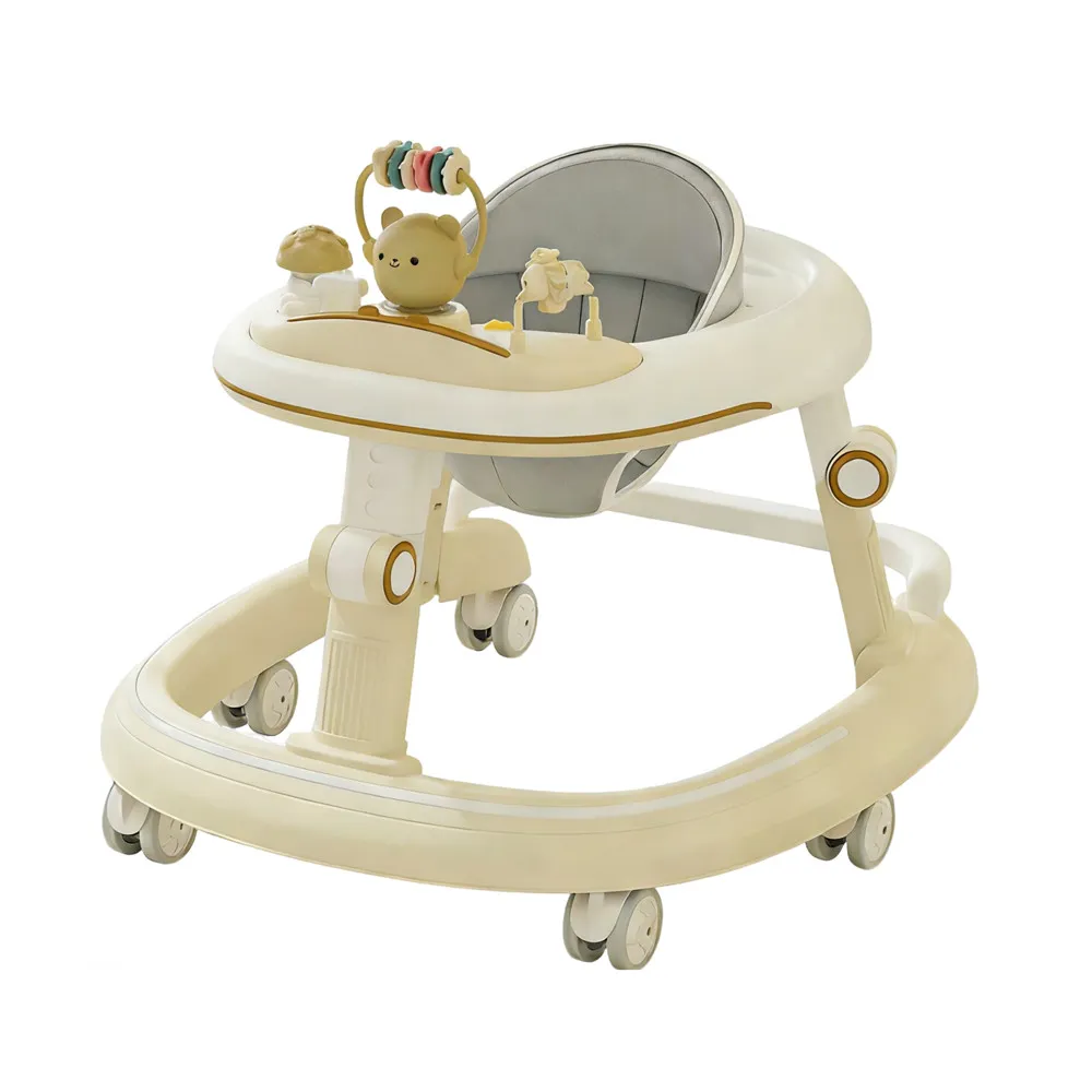 Wholesale 3-in-1 Baby Walker BW752 in beige featuring a detachable bear-themed music tray and silent wheels.