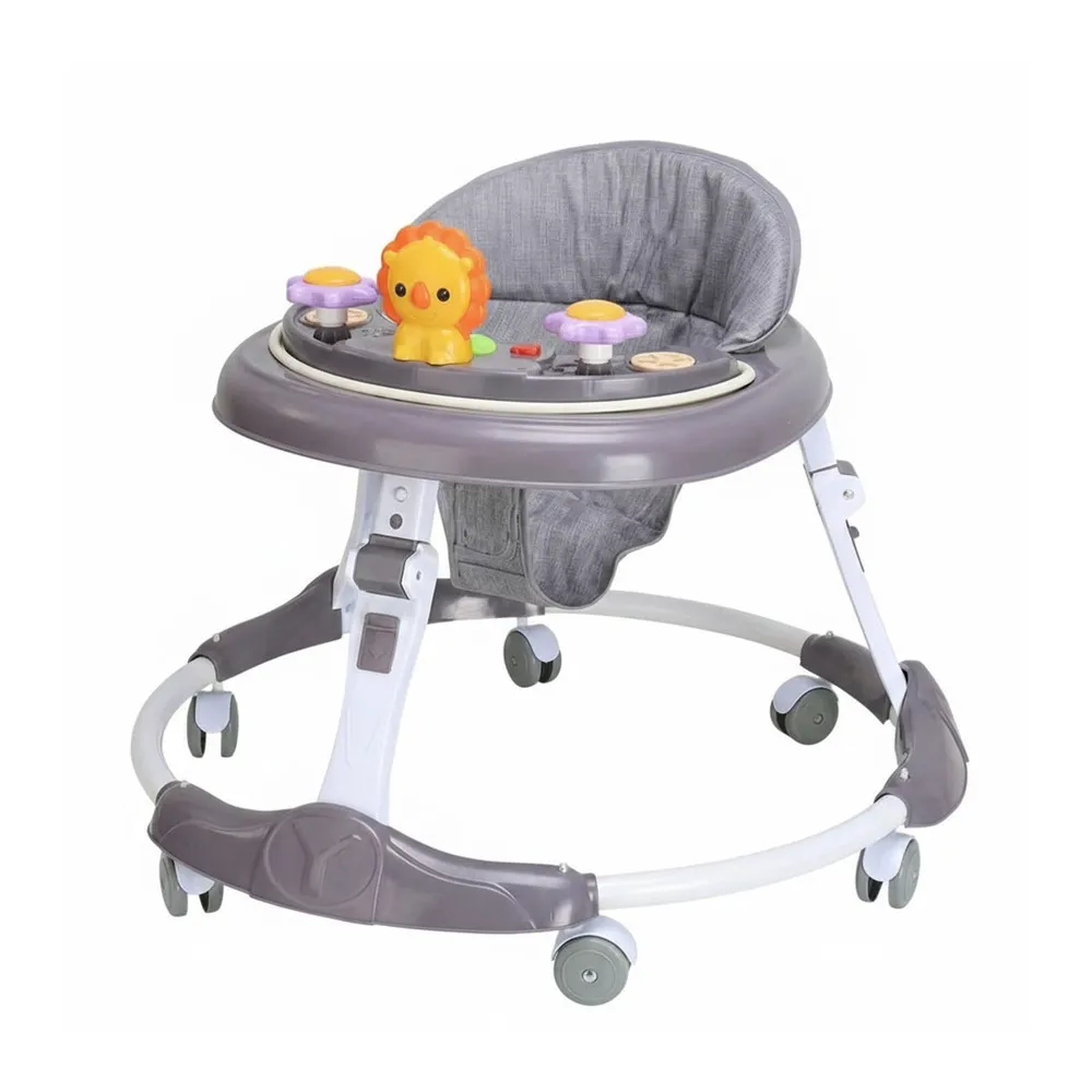 Wholesale Adjustable Baby Walker BW702 in grey featuring a yellow lion music tray and 7-level adjustable frame.