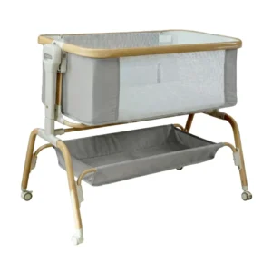 Babylovi BD406 Pro wholesale adjustable bedside sleeper in grey featuring 8-position height and wood grain frame.