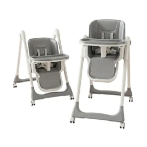 Babylovi HC525 wholesale adjustable high chair in grey with lockable wheels and double tray.