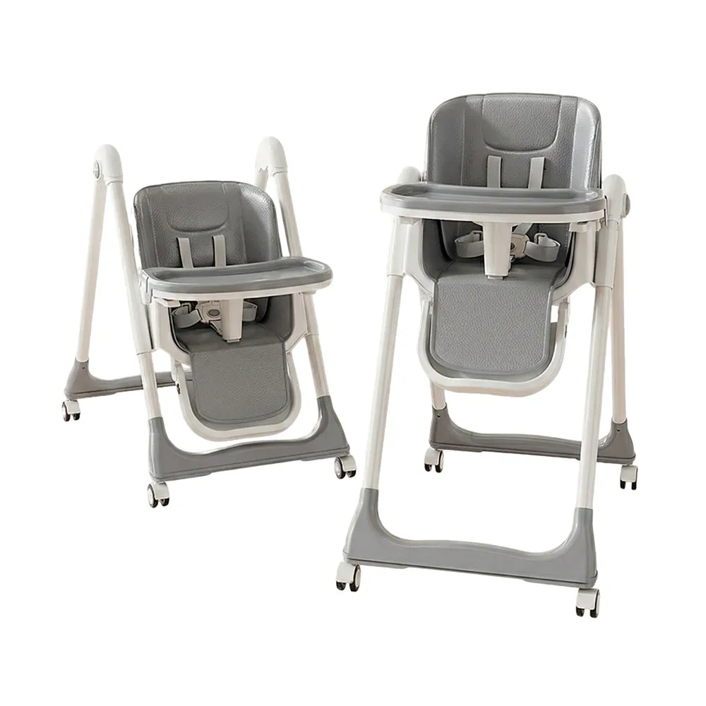 Babylovi HC525 wholesale adjustable high chair in grey with lockable wheels and double tray.