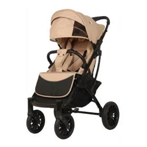 Babylovi ST520 wholesale aluminum pull rod stroller in beige featuring leather handle and large canopy.