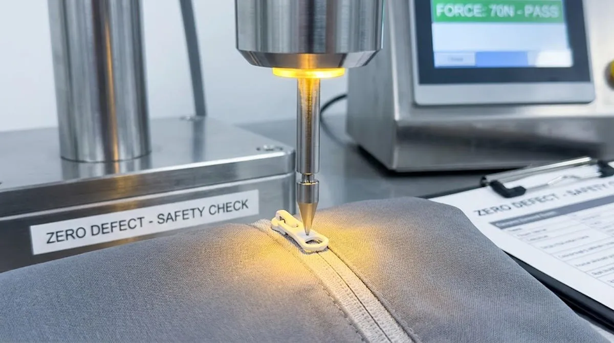 Wholesale Baby Accessories safety: Tension test passing 70N force on zipper pull to prevent choking hazards.