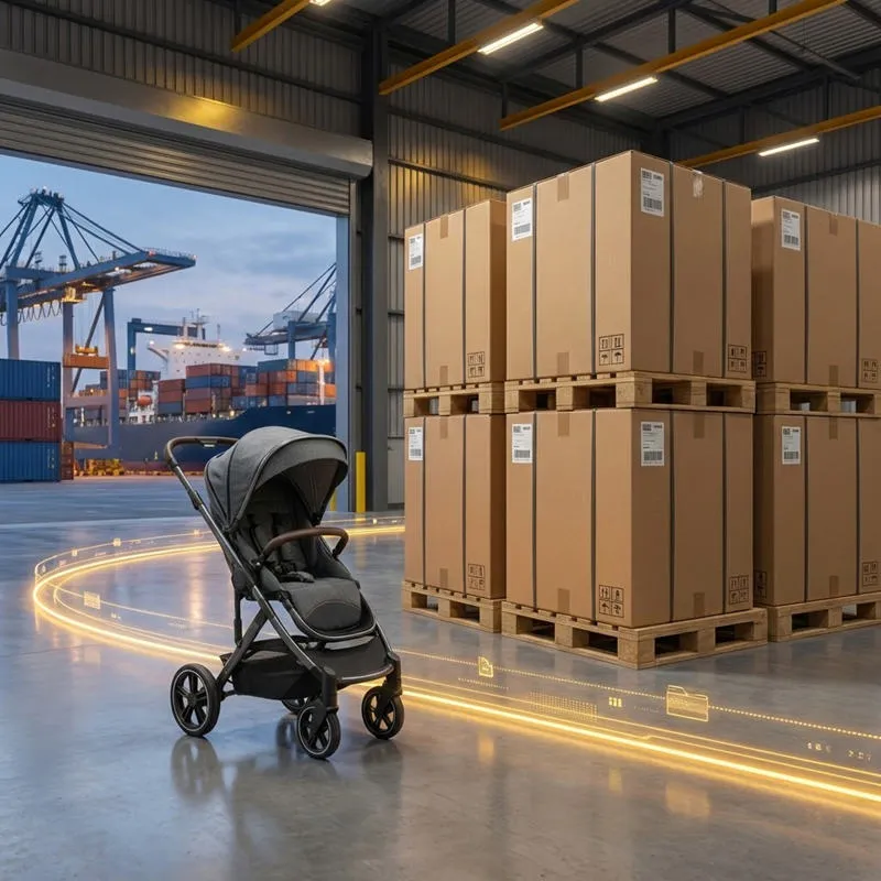 Wholesale baby stroller logistics scene showing bulk export cartons, pallets, and a container port background.