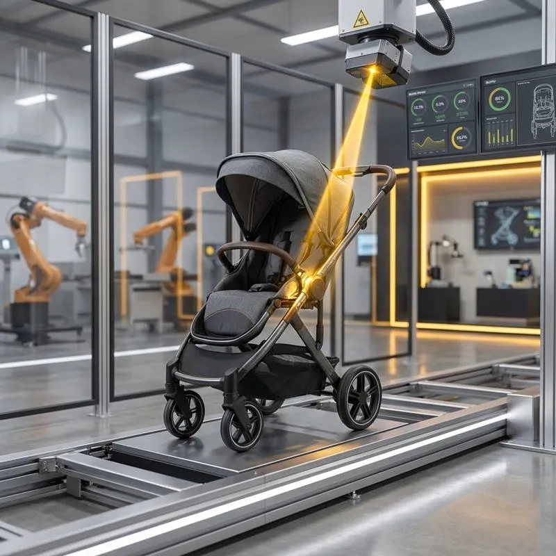 Wholesale baby stroller undergoing strict laser quality control inspection on an automated factory line for defect prevention.