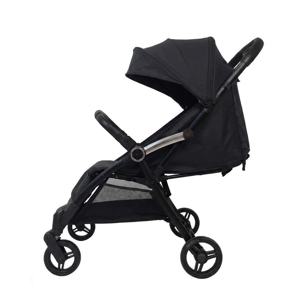 Babylovi ST114 wholesale compact auto fold stroller in black with leather handle and large canopy.