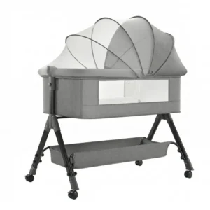 Babylovi BD403 wholesale compact bedside sleeper in grey featuring A-frame structure and canopy.