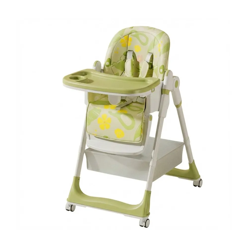 Wholesale Compact Folding High Chair HC524 featuring a green nature-patterned cushion and lockable silent wheels.