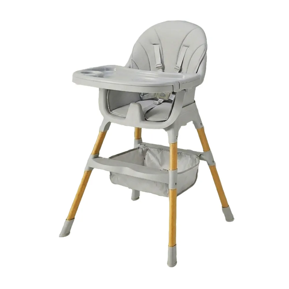 Babylovi HC577 wholesale convertible high chair in grey with wood grain legs and removable basket.