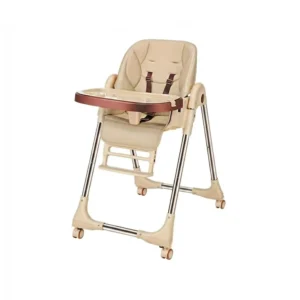 Wholesale Foldable Feeding Chair HC522 in cream featuring lockable silent wheels for easy mobility.
