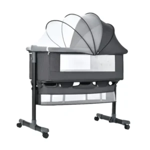 Babylovi BD402 wholesale folding bedside sleeper in grey featuring mosquito net and bottom storage.