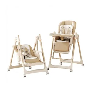 Wholesale Folding Swing High Chair HC542 with tropical leaf cushion displaying manual swing and dining positions.