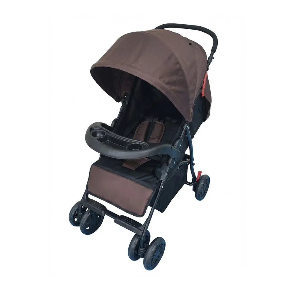 Babylovi ST507 wholesale iron frame stroller in brown featuring front tray and large canopy.