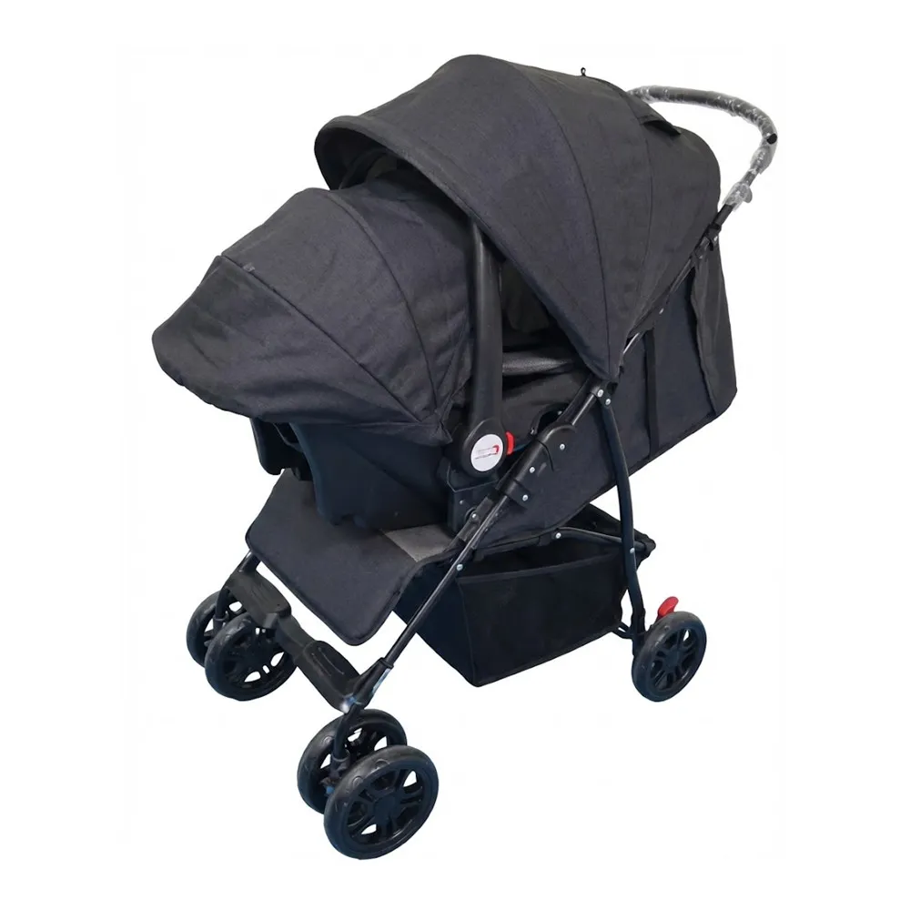 Babylovi ST507C wholesale large wheel travel system in black featuring large shopping basket and infant car seat.