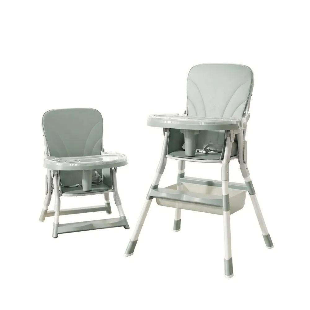 Wholesale Lightweight High Chair HC551 in sage green featuring high and low modes and storage basket.