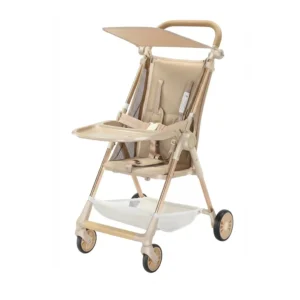 Babylovi ST501 wholesale lightweight quick fold stroller in beige featuring ventilated seat and front tray.