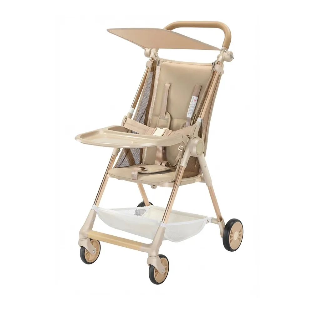 Babylovi ST501 wholesale lightweight quick fold stroller in beige featuring ventilated seat and front tray.
