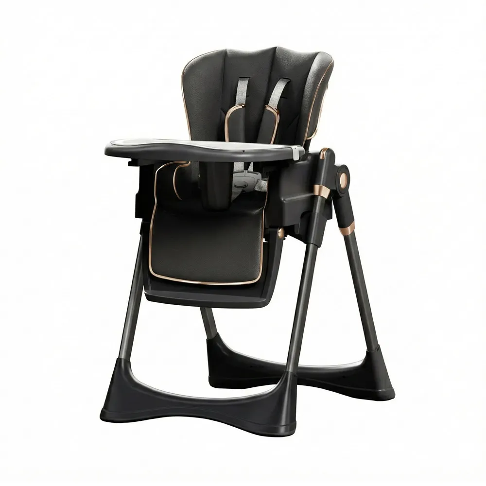 Wholesale Manual Swing High Chair HC541 in luxury black and gold design with 7-position height adjustment.