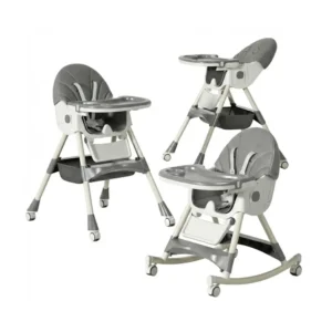Wholesale Multifunctional High Chair HC553 in grey showing high chair, low chair, and rocker modes with storage basket.