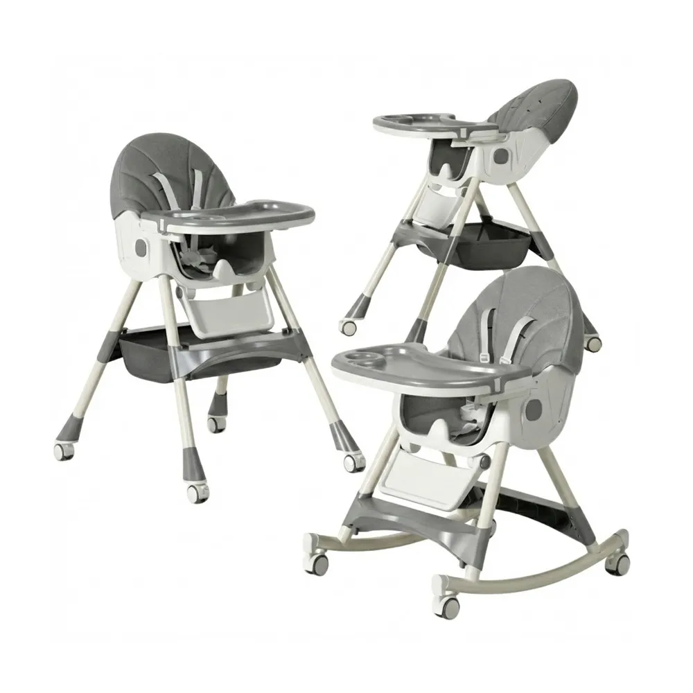 Wholesale Multifunctional High Chair HC553 in grey showing high chair, low chair, and rocker modes with storage basket.