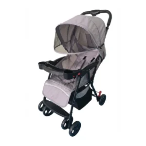 Babylovi ST503 wholesale one hand fold stroller in grey featuring detachable front tray and mesh canopy.