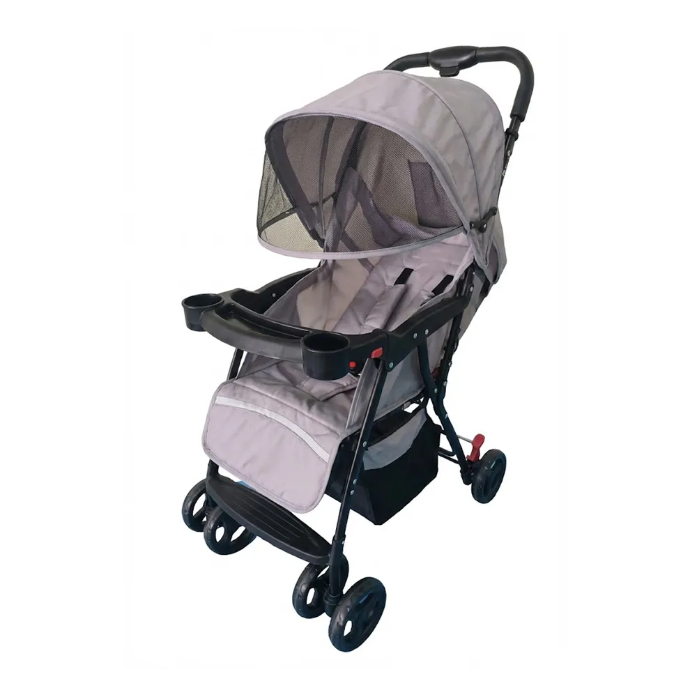 Babylovi ST503 wholesale one hand fold stroller in grey featuring detachable front tray and mesh canopy.