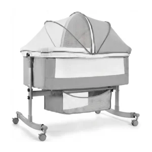 Babylovi BD401 wholesale portable bedside sleeper in grey featuring canopy and universal wheels.