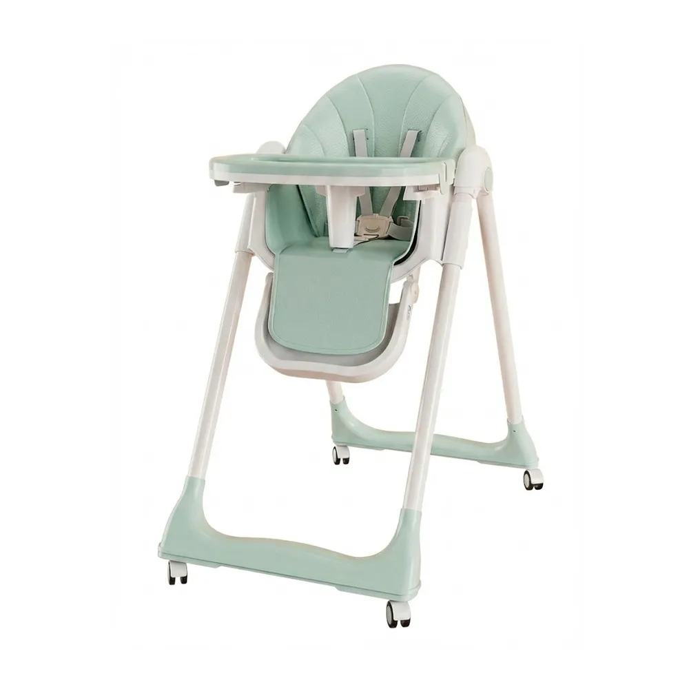 Wholesale Portable High Chair HC523 featuring lockable silent wheels and adjustable tray in open position.