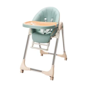 Wholesale Reclining High Chair HC521 in sage green featuring 5-position height adjustment and lockable wheels.