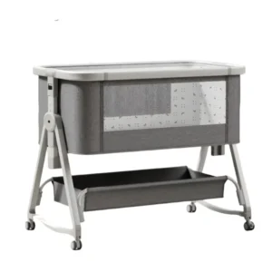 Babylovi BD404 Pro wholesale rocking baby bassinet in grey featuring exposed aluminum styling and breathable mesh window.
