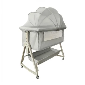 Babylovi BD404 wholesale rocking bedside sleeper in grey featuring mosquito net and rocker mode functionality.
