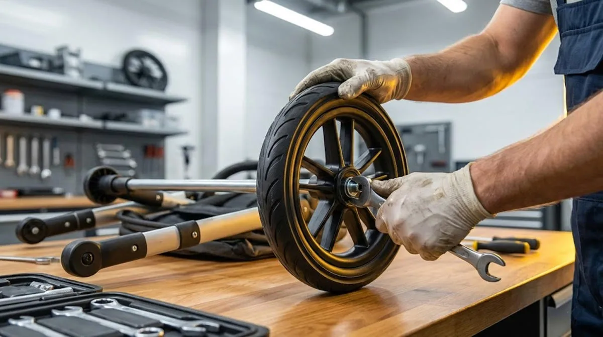 Mechanic replacing a stroller wheel using free wholesale spare parts, demonstrating the zero-headache after-sales strategy.