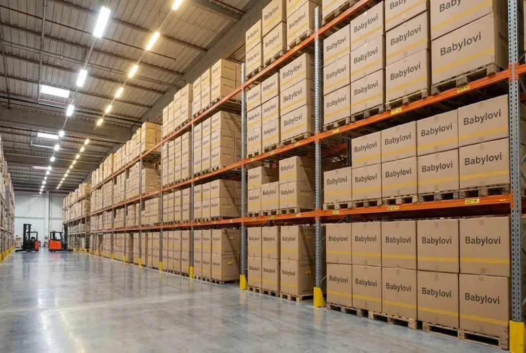 Massive Babylovi logistics center stocked with inventory to meet global Wholesale Stroller Trends and supply chain demands.