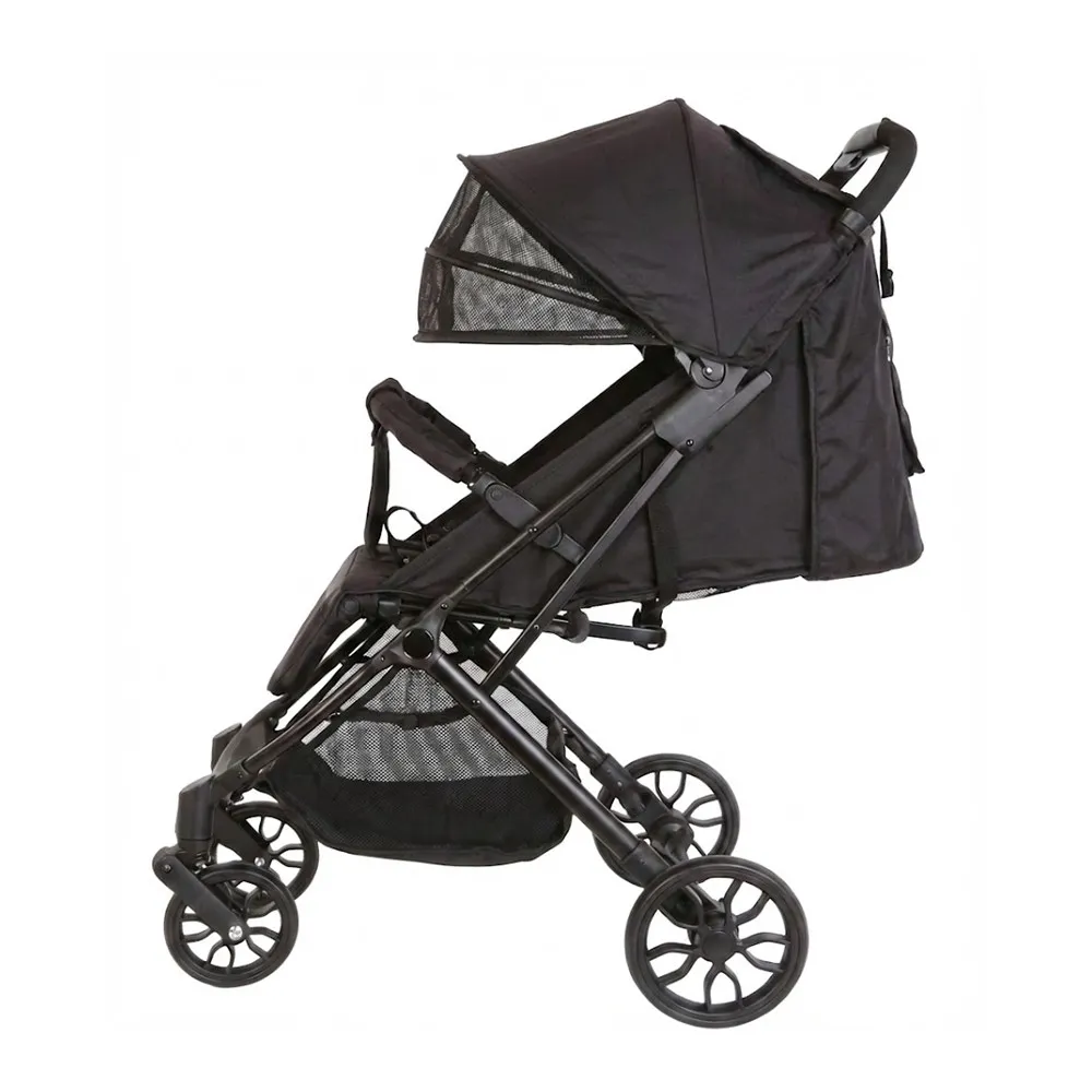 Babylovi ST516 wholesale trolley stroller in black featuring pull rod, BMW style wheels and quilted footrest.