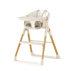 Wholesale Wood Grain High Chair HC554 featuring natural wood transfer legs and adjustable tray.