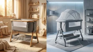 Wood Grain Aluminum Crib (Left) compared to Matte Grey Aluminum Crib (Right) in split screen nursery settings.