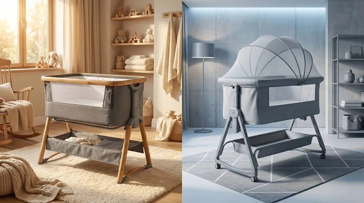 Wood Grain Aluminum Crib (Left) compared to Matte Grey Aluminum Crib (Right) in split screen nursery settings.