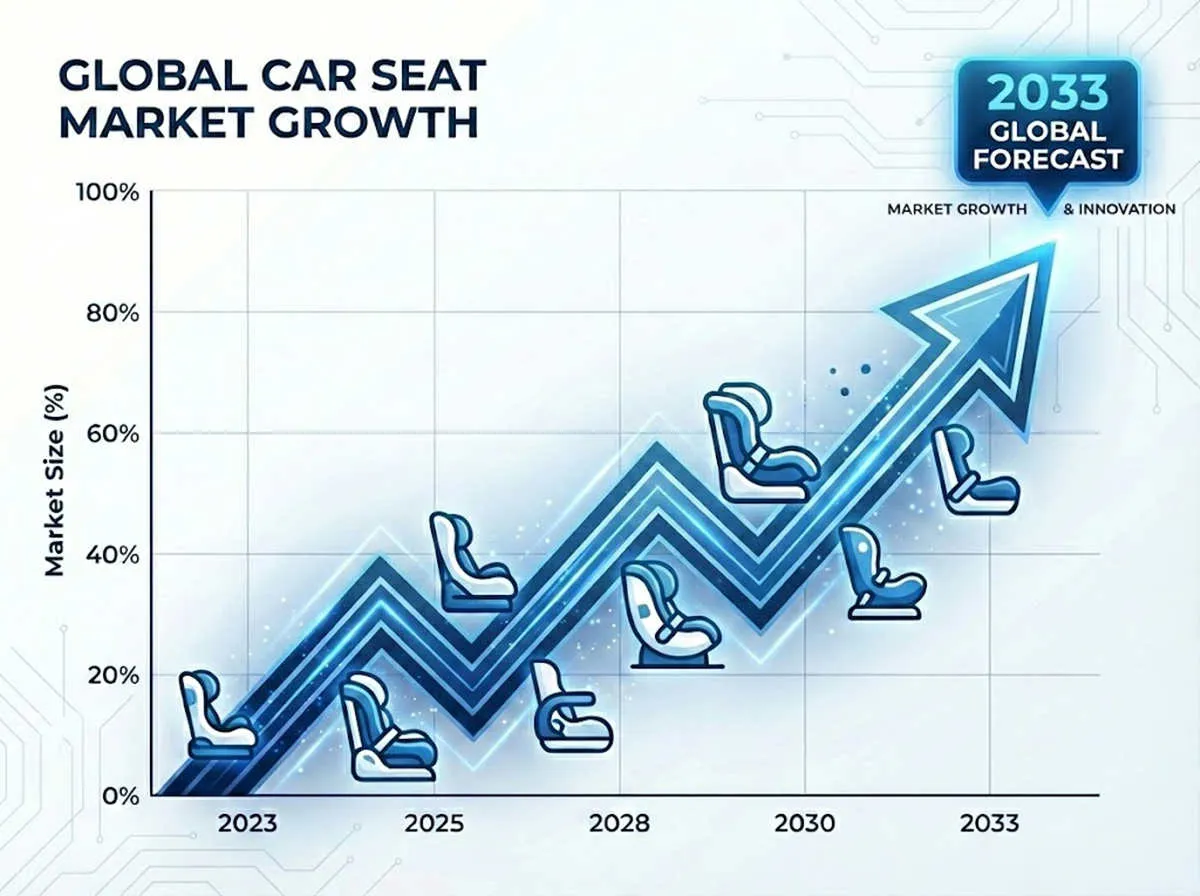 Infographic chart showing the upward growth trend of the Global Car Seat Market from 2023 to the 2033 forecast.
