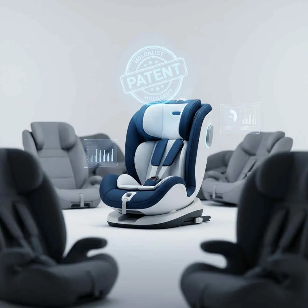 2026 car seat regulations: Patented blue car seat with a hologram, standing out among blurred generic gray seats.