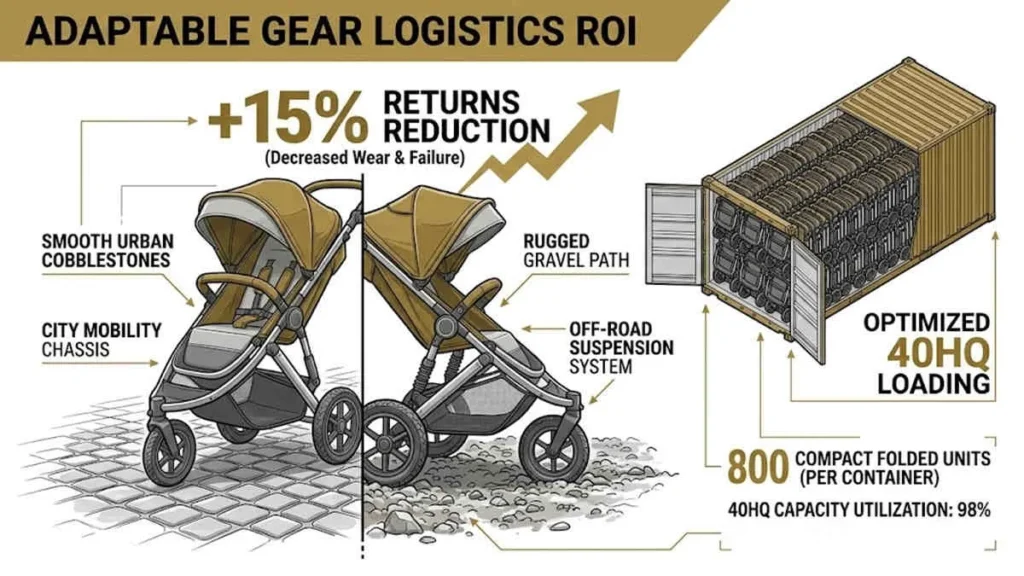 2026 Juvenile Gear Trends: Stroller logistics ROI infographic showing 40HQ container optimization and return reduction.