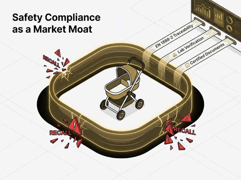 2026 Juvenile Gear Trends: Stroller inside a safety compliance moat deflecting recall risks via EN 1888-2 certification.
