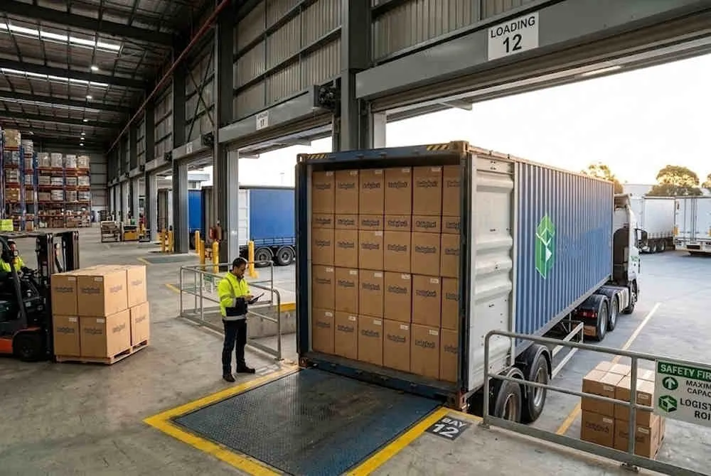 2026 Stroller Market Intelligence: A worker inspects a loaded shipping container of baby strollers in a warehouse.