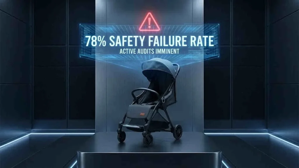 2026 Stroller Market Intelligence: A stroller displayed under a digital warning sign showing 78% safety failure rate.